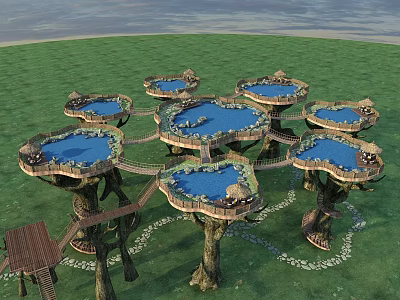 Tree Like Structures With Circular Blue Water Pools And Wooden Walkways On Green Grass 3d model