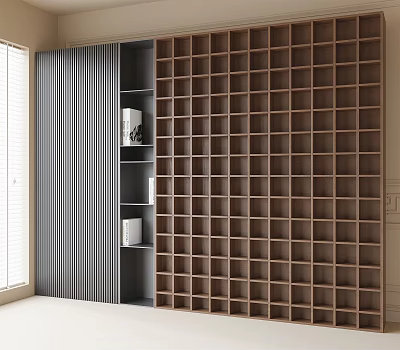 Modern Wooden Bookcase With Grid Shelves And Vertical Slat Panel Interior Design 3d model