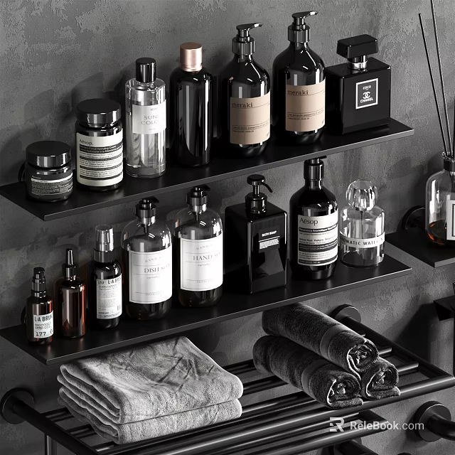 Stylish Bathroom Accessories On Black Shelves With Bottles Jars And Towels 3d model 