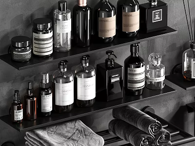 Stylish Bathroom Accessories On Black Shelves With Bottles Jars And Towels 3d model