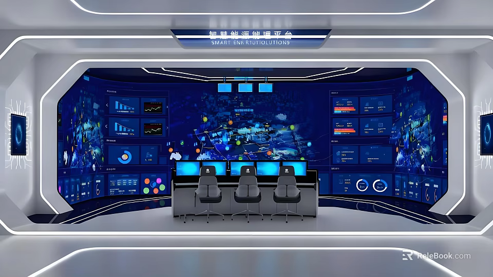 Advanced Control Room Featuring Multiple Monitoring Screens And Digital Data Displays 3d model 