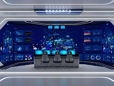 Advanced Control Room Featuring Multiple Monitoring Screens And Digital Data Displays 3d model