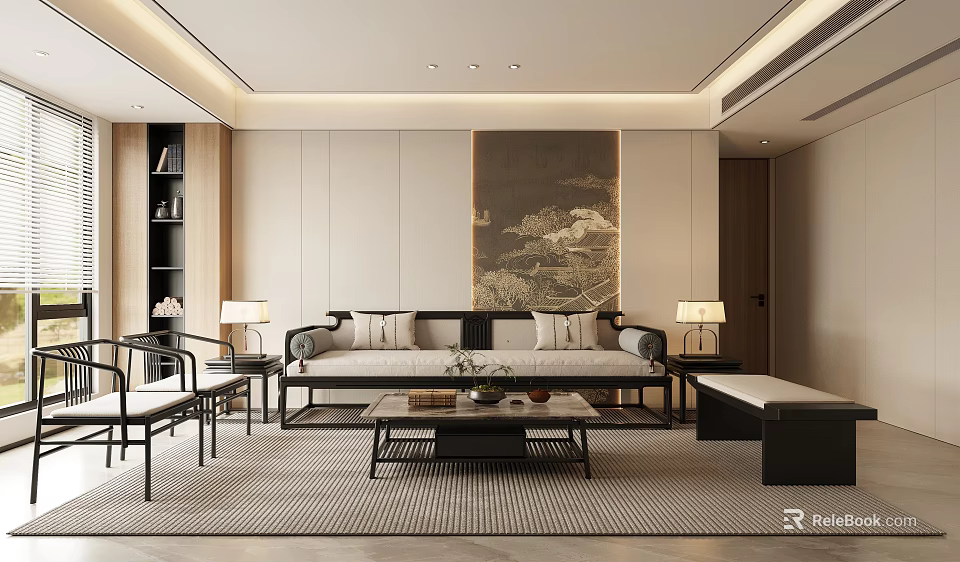 Modern Living Room Interior With Sofa Coffee Table Side Tables Lamps Wall Artwork And Bookshelf 3d model 