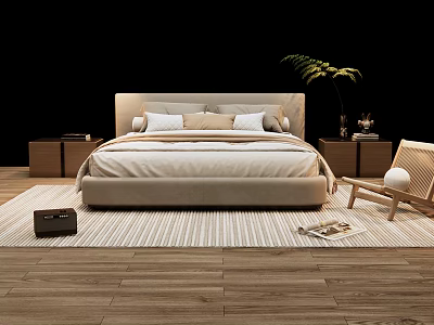Modern Beige Double Bed With Pillows Nightstands And Striped Rug On Wooden Floor 3d model