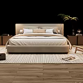 Modern Beige Double Bed With Pillows Nightstands And Striped Rug On Wooden Floor