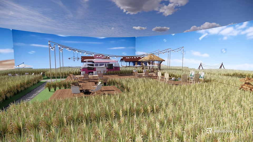 Scenic Open Field With Pink White Cottage Thatched Roof Seating And Blue Sky 3d model 