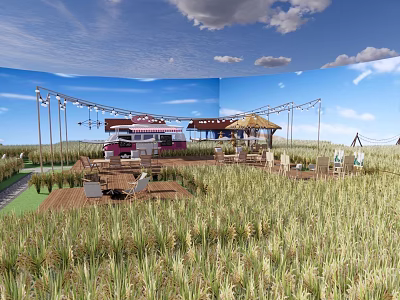Scenic Open Field With Pink White Cottage Thatched Roof Seating And Blue Sky 3d model