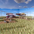 Scenic Open Field With Pink White Cottage Thatched Roof Seating And Blue Sky