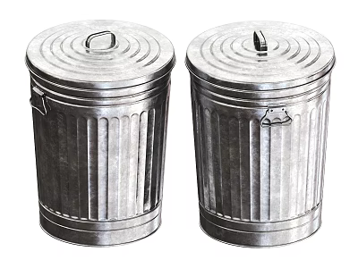 Two Public Facility Metal Trash Cans With Lids And Ribbed Design 3d model