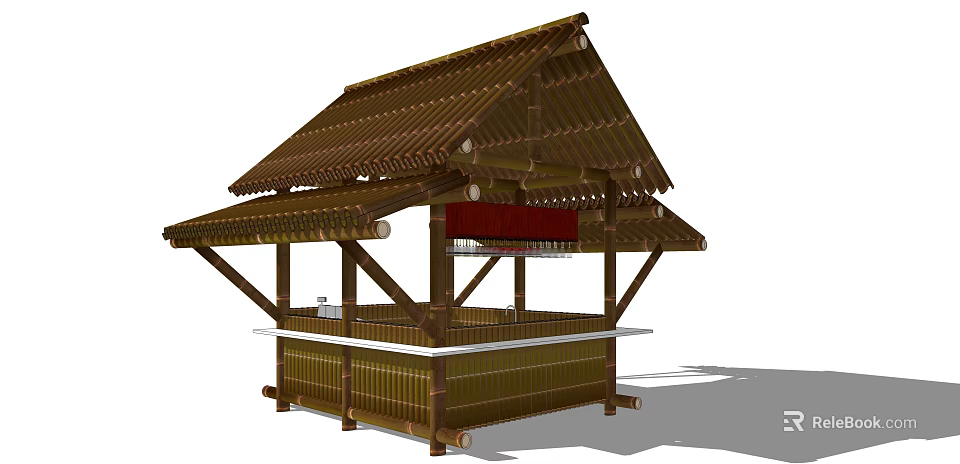 Traditional Bamboo Pavilion Structure With Wooden Roof And Open Counter Design 3d model 