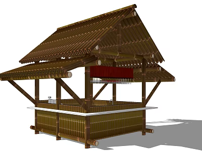 Traditional Bamboo Pavilion Structure With Wooden Roof And Open Counter Design 3d model
