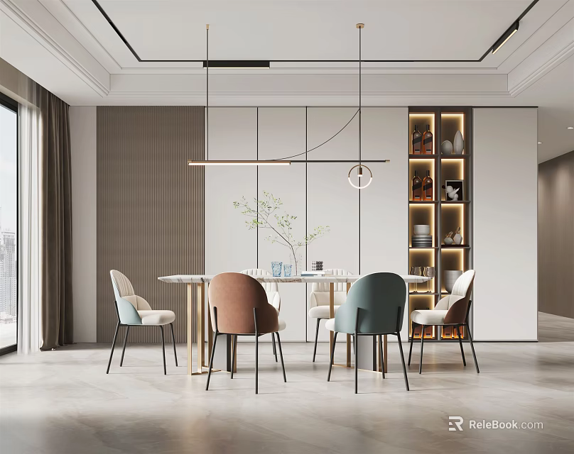 Modern Restaurant Interior Design With Round Dining Table Colorful Chairs Pendant Lights And Decorative Shelves 3d model 