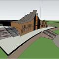 Modern Museum Building Exterior With Unique Roof Steps Entrance And Water Pool