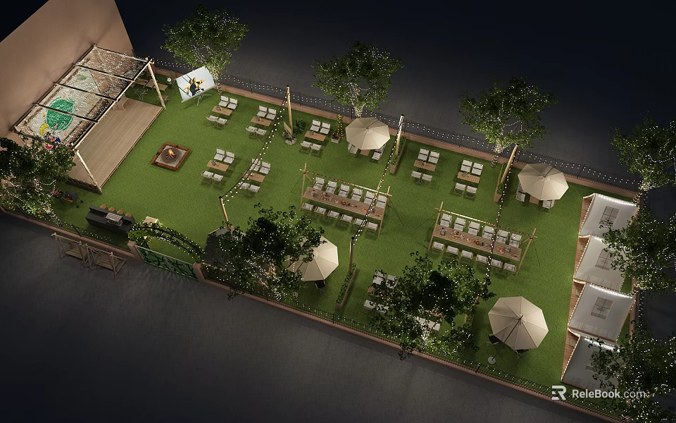 Outdoor Event Space With Green Lawn Tables Chairs Umbrellas And Trees 3d model 