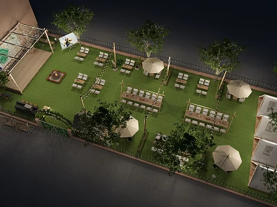 Outdoor Event Space With Green Lawn Tables Chairs Umbrellas And Trees 3d model