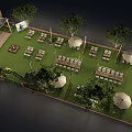Outdoor Event Space With Green Lawn Tables Chairs Umbrellas And Trees