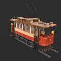 Vintage Electric Tram with Red and Beige Classic Design on Tracks and Wooden Interior