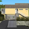 Two Story Container Guesthouse With Wooden Exterior Staircase Green Surroundings And Fence