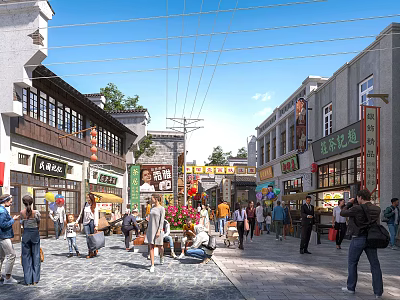 Bustling Traditional Commercial Street With Chinese Style Buildings Lanterns And Pedestrians 3d model