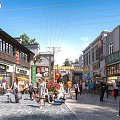 Bustling Traditional Commercial Street With Chinese Style Buildings Lanterns And Pedestrians