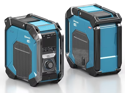 Two Blue Portable Speakers With Rugged Design And Control Panel Buttons 3d model