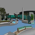 Modern Indoor Space With Circular Water Pools Green Trees And Rest Benches