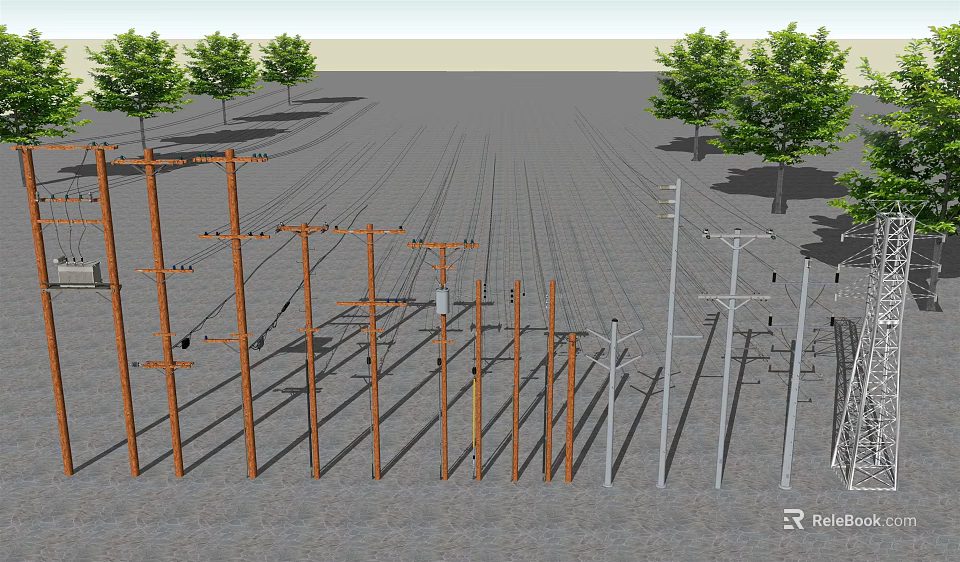 Road Infrastructure Featuring Multiple Electric Poles Overhead Wires And Trees Along Road 3d model 