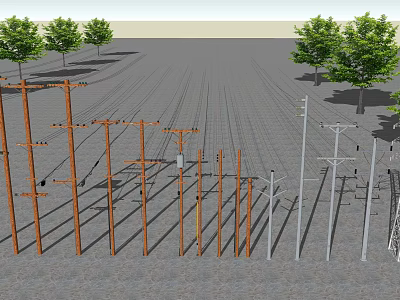 Road Infrastructure Featuring Multiple Electric Poles Overhead Wires And Trees Along Road 3d model