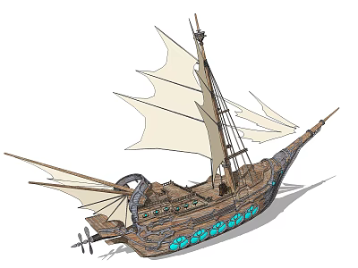 Decorative Sailing Ship Ornament Set With Wooden Structure White Sails And Blue Glass Details 3d model