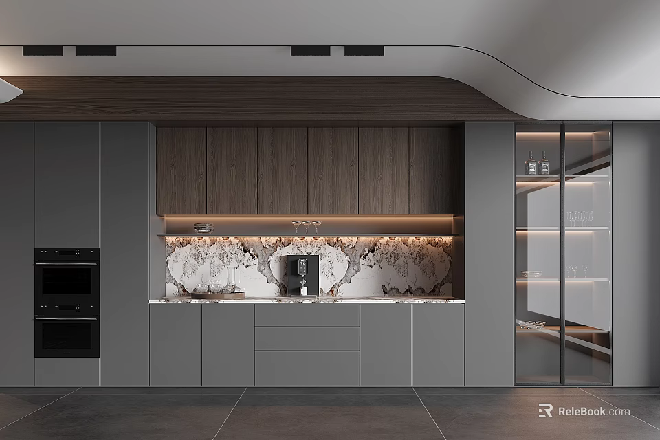 Modern Kitchen With Glass Door Wine Cabinet Gray And Wooden Cabinets Marble Backsplash 3d model 