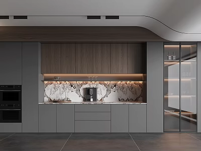Modern Kitchen With Glass Door Wine Cabinet Gray And Wooden Cabinets Marble Backsplash 3d model