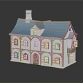 Traditional Ancient Building With Blue Tiled Roof Arched Windows And Chimney Structure