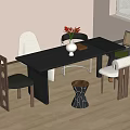 Modern Black Dining Table Set With Various Designed Chairs Vase And Wooden Tray