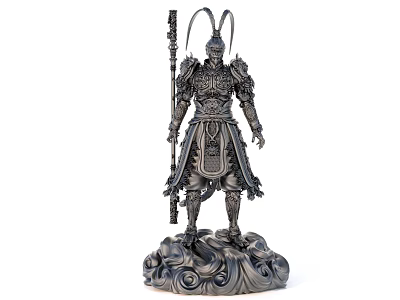 Intricate Mythical Warrior Sculpture with Detailed Armor Staff and Decorative Base 3d model