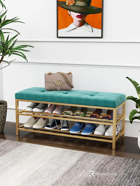 Turquoise Cushioned Entryway Bench With Golden Frame Shoe Storage And Bag 3d model 