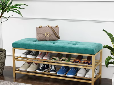Turquoise Cushioned Entryway Bench With Golden Frame Shoe Storage And Bag 3d model