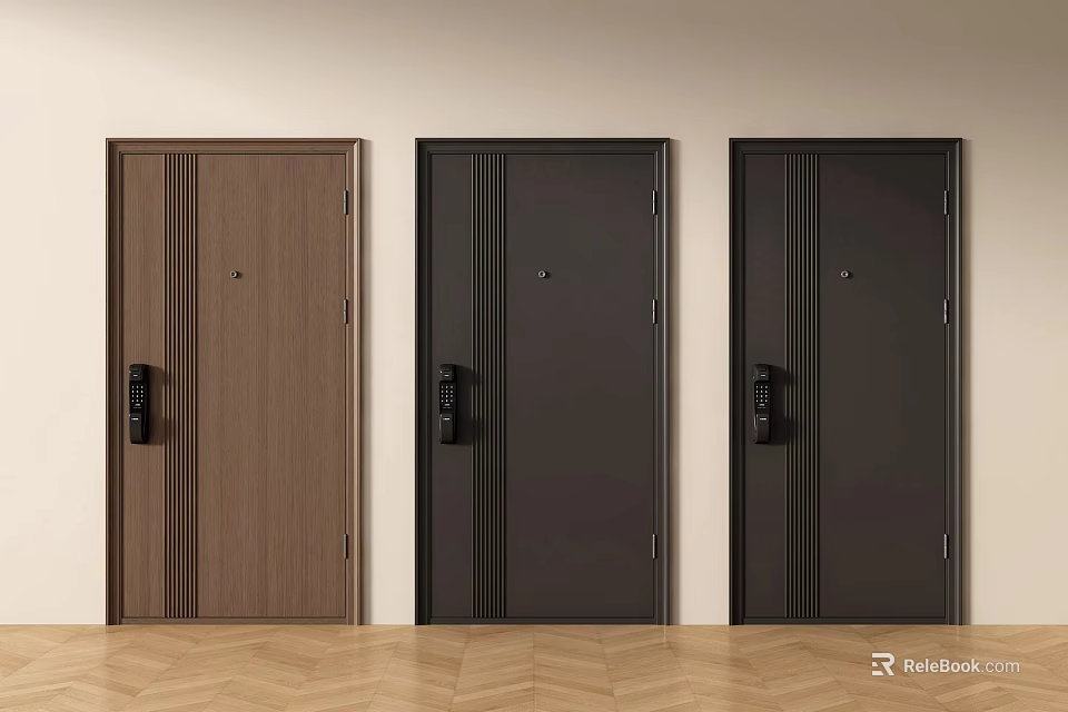 Three Modern Security Doors In Wood Grain And Black With Smart Locks 3d model 