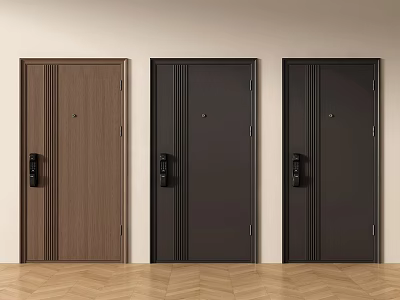 Three Modern Security Doors In Wood Grain And Black With Smart Locks 3d model
