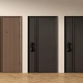 Three Modern Security Doors In Wood Grain And Black With Smart Locks