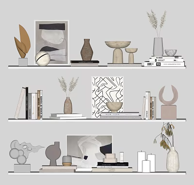 Modern Minimalist Decorative Ornament Sets With Geometric Vases Sculptures Books And Paintings For Shelf 3d model