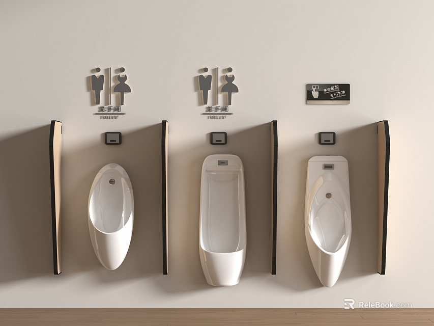 Three Wall Mounted Urinals In Public Restroom With Stall Dividers And Signage 3d model 