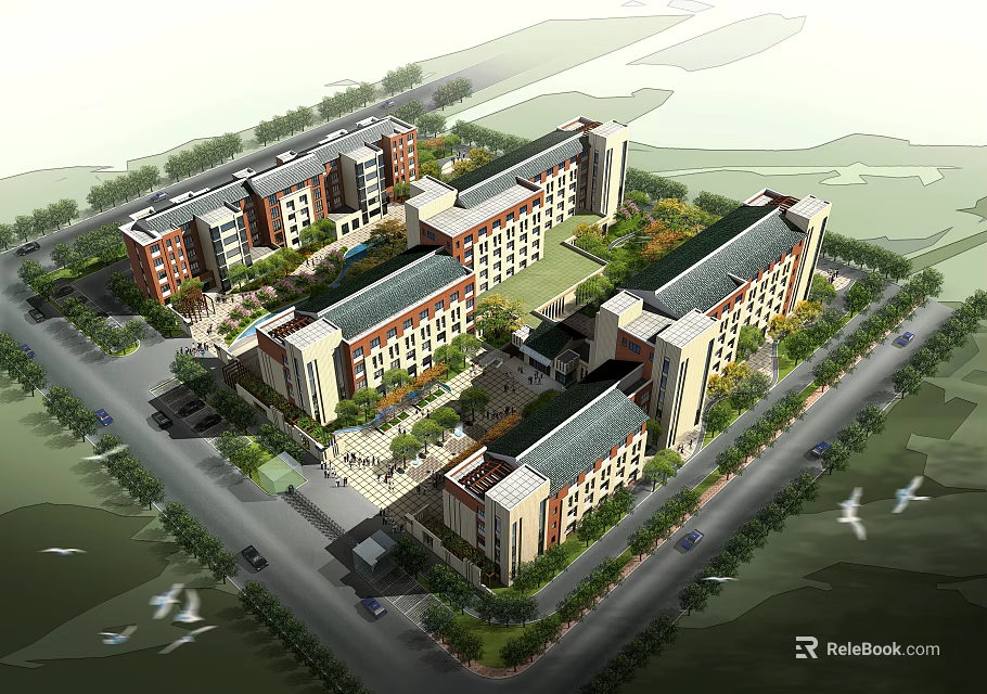 Modern Campus Building Complex Design With Connected Structures Green Spaces And Courtyards 3d model 