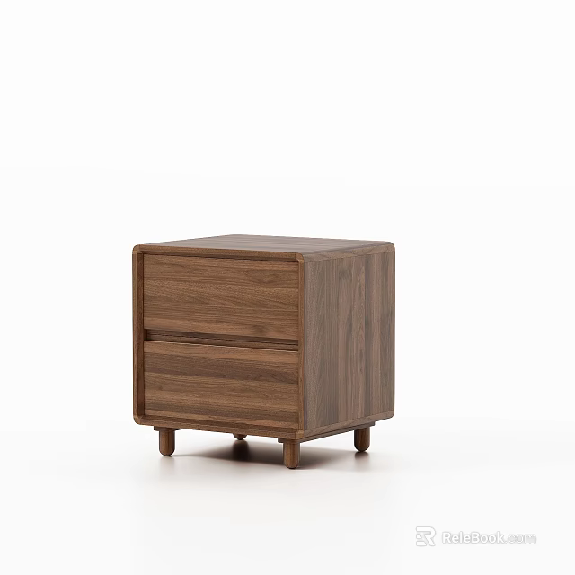 Wooden Nightstand with Two Drawers Walnut Wood Simple Modern Design and Short Legs 3d model 