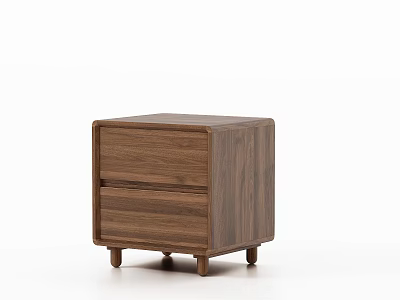 Wooden Nightstand with Two Drawers Walnut Wood Simple Modern Design and Short Legs 3d model