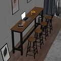 Modern Bar Counter With Wooden Top Black Metal Frame Laptop Fruit Bowl And Four Stools