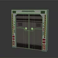 Futuristic Industrial Double Door Structure With Metallic Frame Warning Stripes And Circular Controls