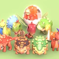 Colorful Cartoon Reptile Dinosaurs with Various Colors Shapes and One in Eggshell
