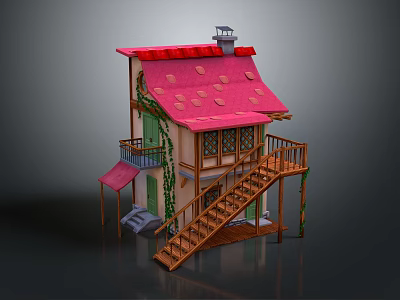 Cartoon House Scene With Red Strawberry Shaped Roof Wooden Staircase Balcony And Ivy Plants 3d model