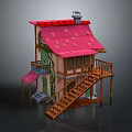 Cartoon House Scene With Red Strawberry Shaped Roof Wooden Staircase Balcony And Ivy Plants