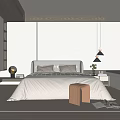 Modern Bedroom Interior Design With Wooden Accents Gray Headboard Beige Pillows And Striped Bedspread